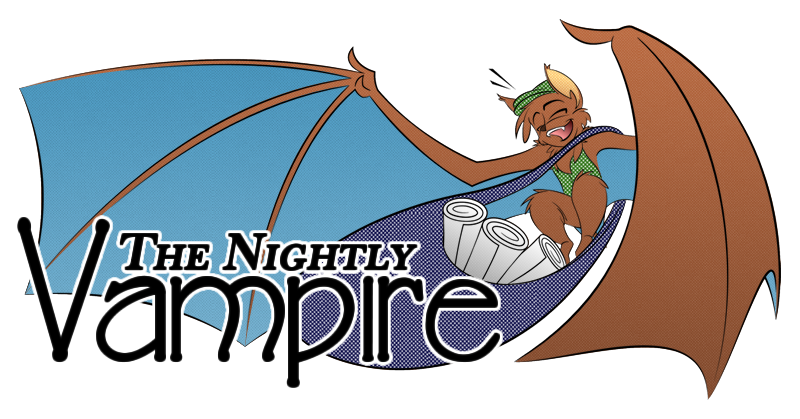 Banner image for The Nightly Vampire. A happy brown furred cartoon bat with a light blue on the inside of its wings is seen mid-flight - their wings outstretched as they shout for your attention. Somehow dressed in a green newsboy cap and matching vest, they heft a blue bag of newspapers - The Nightly Vampire - over their shoulder. Text reads: 'The Nightly Vampire'.